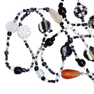 Vintage 50" Glass Seed Bead Bohemian Hippie Opera Necklace Monochrome Artisan